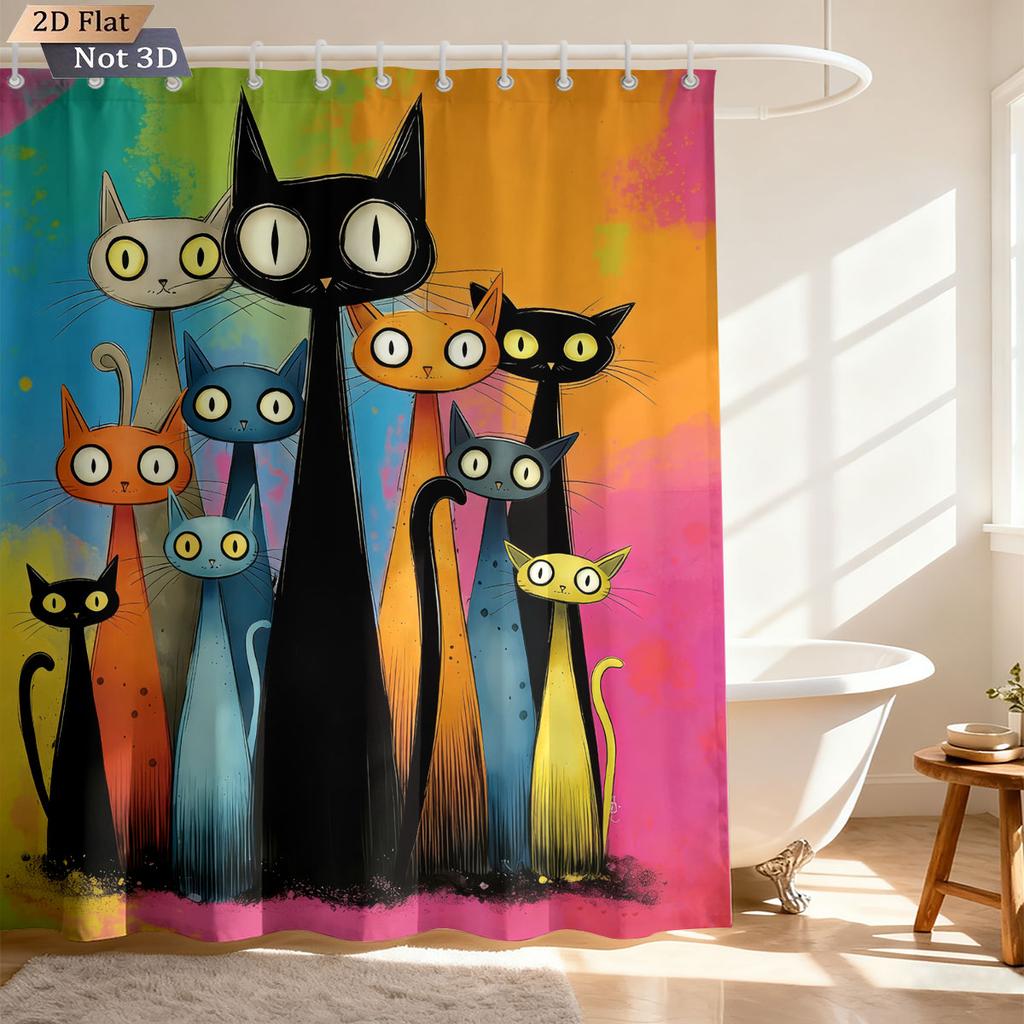 1Pc Color Cartoon Cat Print Waterproof Shower Curtain Partition Privacy Hanging Curtain, With 12 Hooks, Multiple Sizes