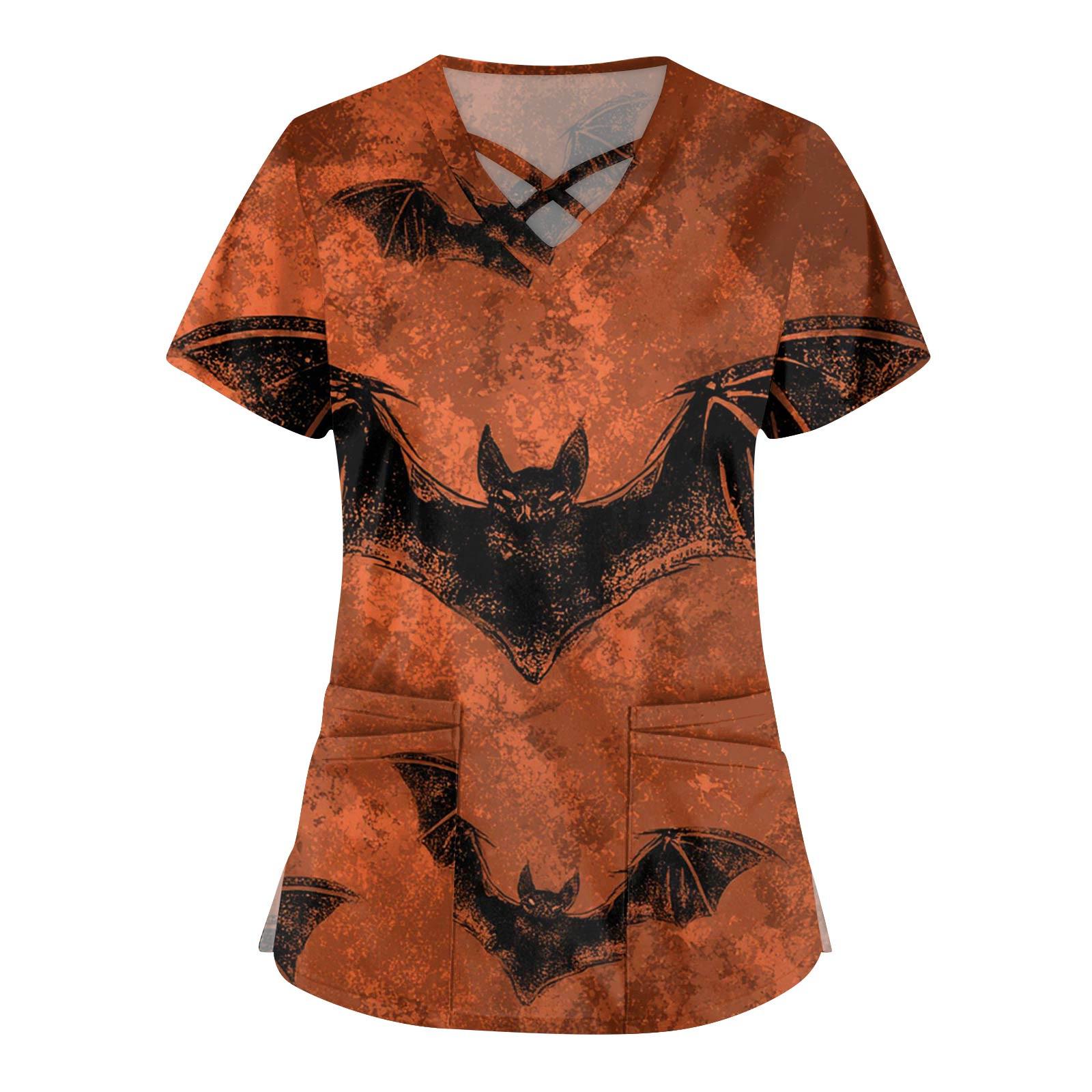 

Женская мода Комбинезон с V-образным вырезом и короткими рукавами Топы с принтом на Хэллоуин с двойным карманом Одежда S