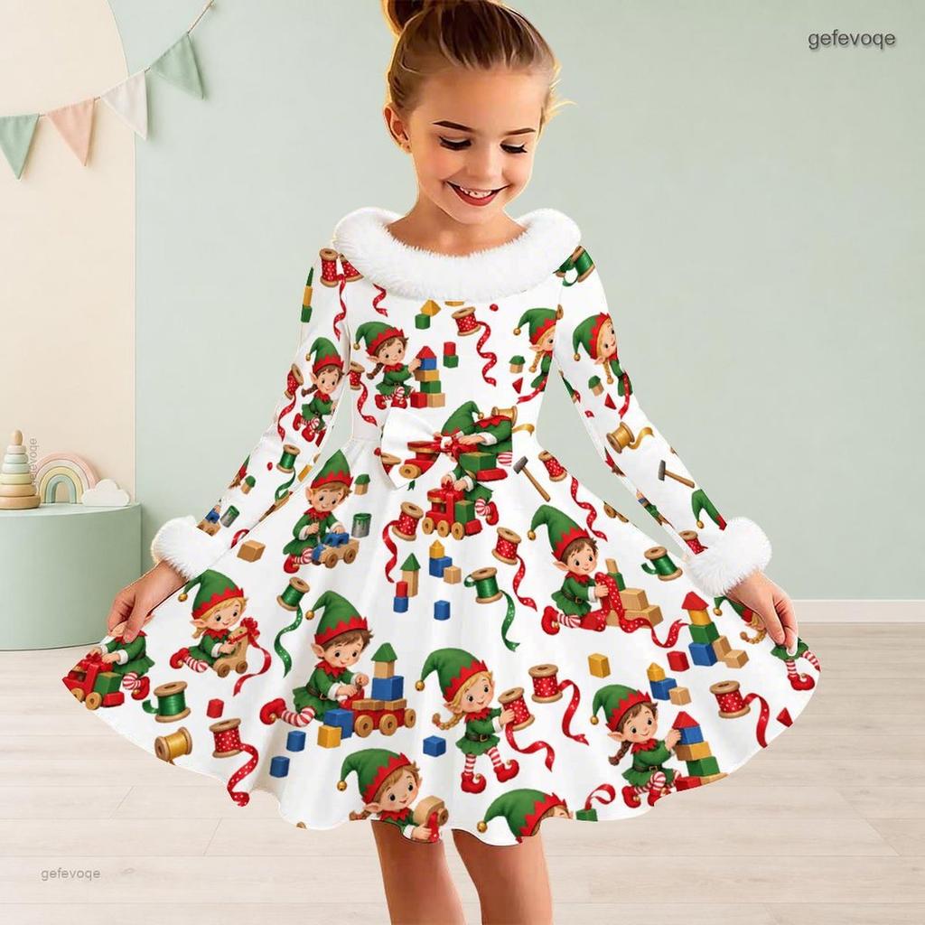 Kids Long Sleeve Christmas Dress, Fall Maple Leaf Print Faux Fur Collar Bow Decor Princess Dresses for Girl Holiday Party Wear