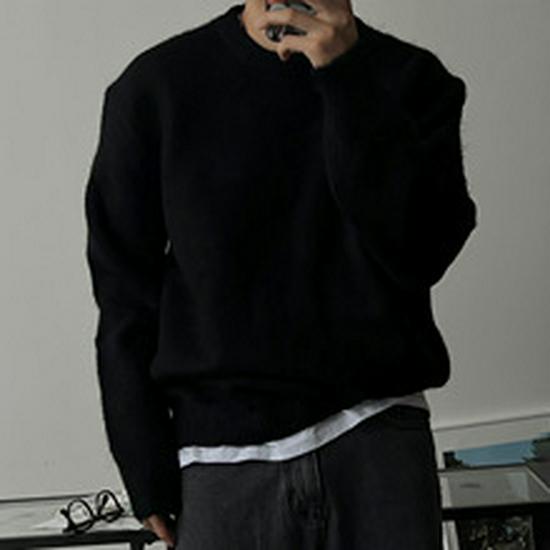 סוודר סריג גברים בצבע אחיד עם צווארון עגול - כתף ירודה, חם, רב-תכליתי, סגנון עצלני, ביגוד חיצוני מעובה לאביב ולסתיו.