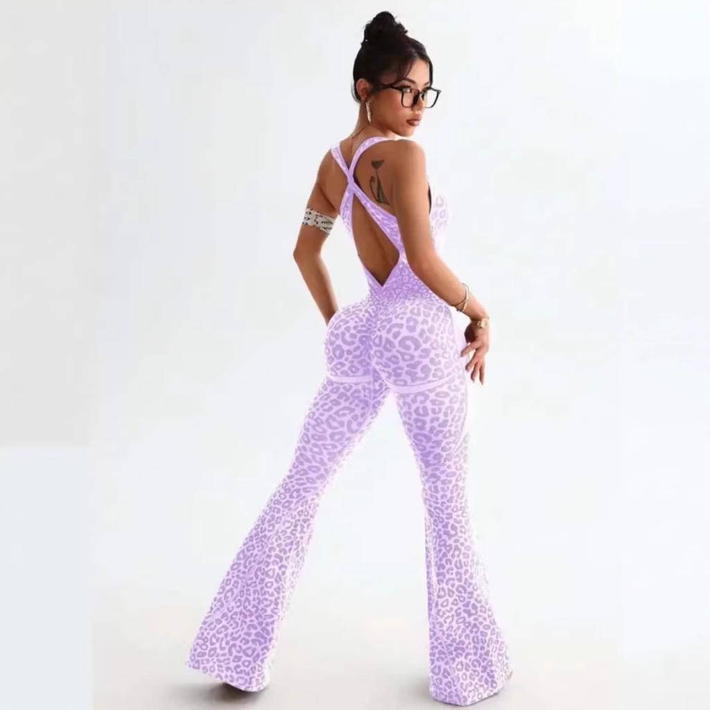 Neuer Jumpsuit mit Kreuzrücken und Leopardenmuster, ausgestellte Hosen, nahtlose Yogahose für den täglichen Gebrauch und Outdoor-Sportarten