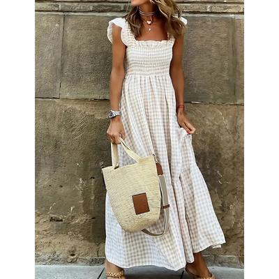 2025 Summer Elegant Women's Wear Collage Plaid Suspender Elastic Large Hem Dress for Women