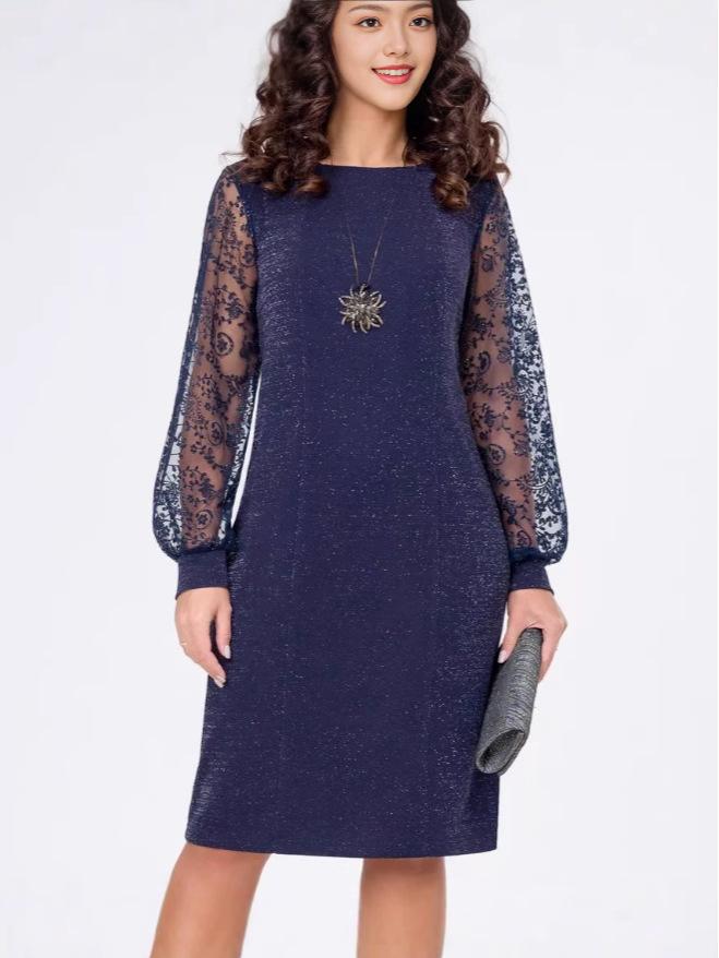 Elegant Silver-Pink Mesh Patchwork Long-Sleeve Dress