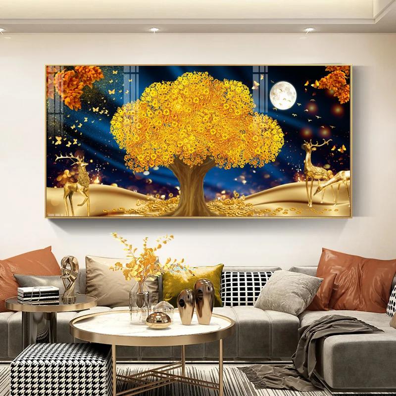 

Желтое золотое денежное дерево для украшения гостиной, картина, богатое дерево, холст, настенные картины, пейзажи, постеры, принты 50x100cm Unframed