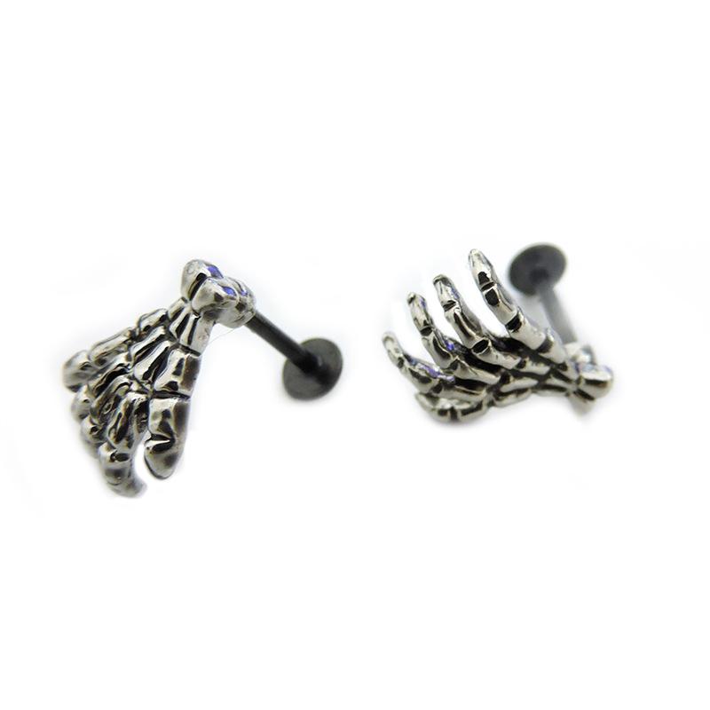 Skull Devil Hand Lip Piercing Zircon Skeleton Labret for Women Men Palm Stud Earrings Christmas Gift Hot Unique Punk Metal 1pc