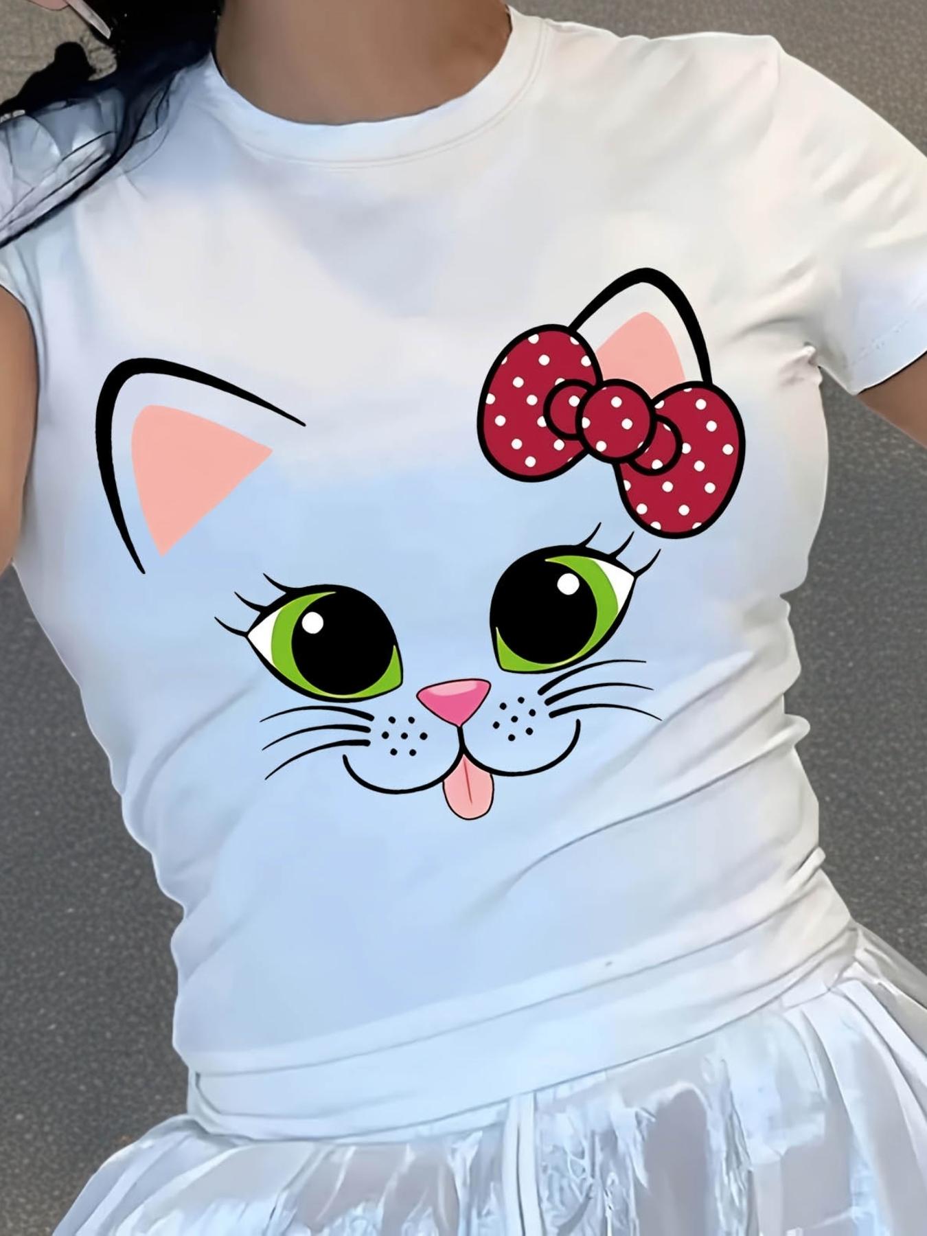 Cute Cat Face with Bow Graphic T-shirt XL