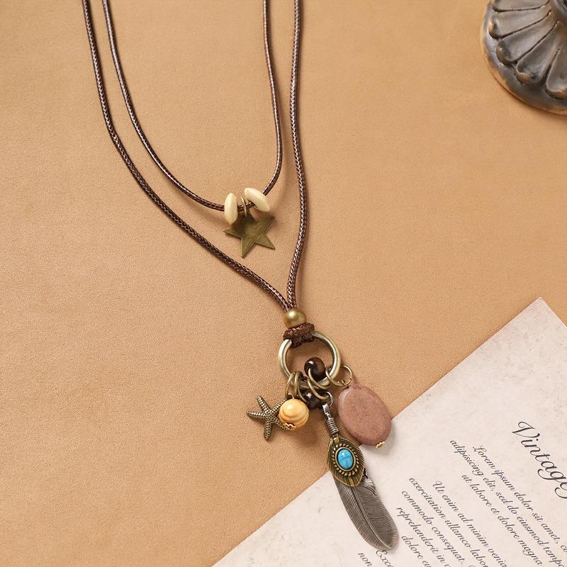 Handmade long necklace, retro literary sweater chain, niche double-layer stacked women's cotton and linen accessories