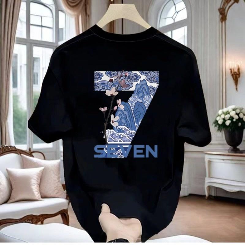 

2025 summer new back No. 7 printed short-sleeved t shirt for young men retro Chinese style personality and handsome top tide 3XL