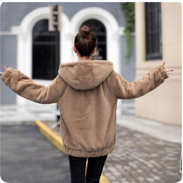 Flannel Hooded Jacket Women's Mid-length Winter Loose Plush Warm Long-sleeved Plus Velvet Short Jacket