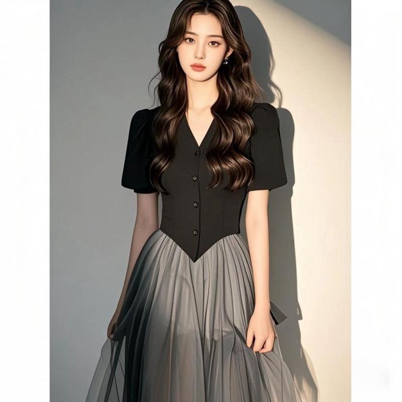 Noble Hepburn Style Black Mesh Patchwork Dress for Spring/Summer: Elegant Women s Fashion 2XL