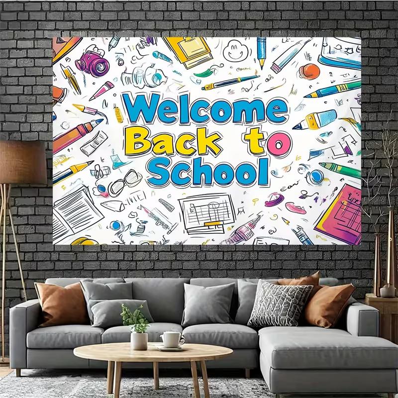 Welcome Back to School Tapestry, Stationery Doodle Background Cloth, Classroom Decor