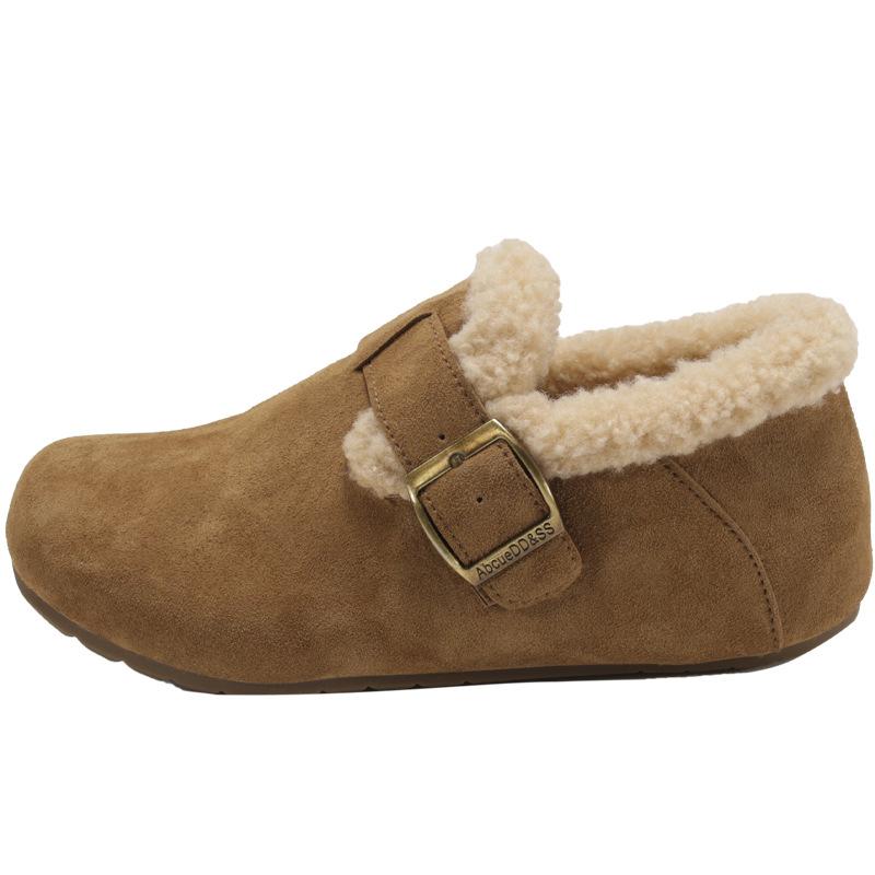 

Leather fur women s winter retro velvet warm belt buckle versatile one pedal non-slip flat cotton shoes 35