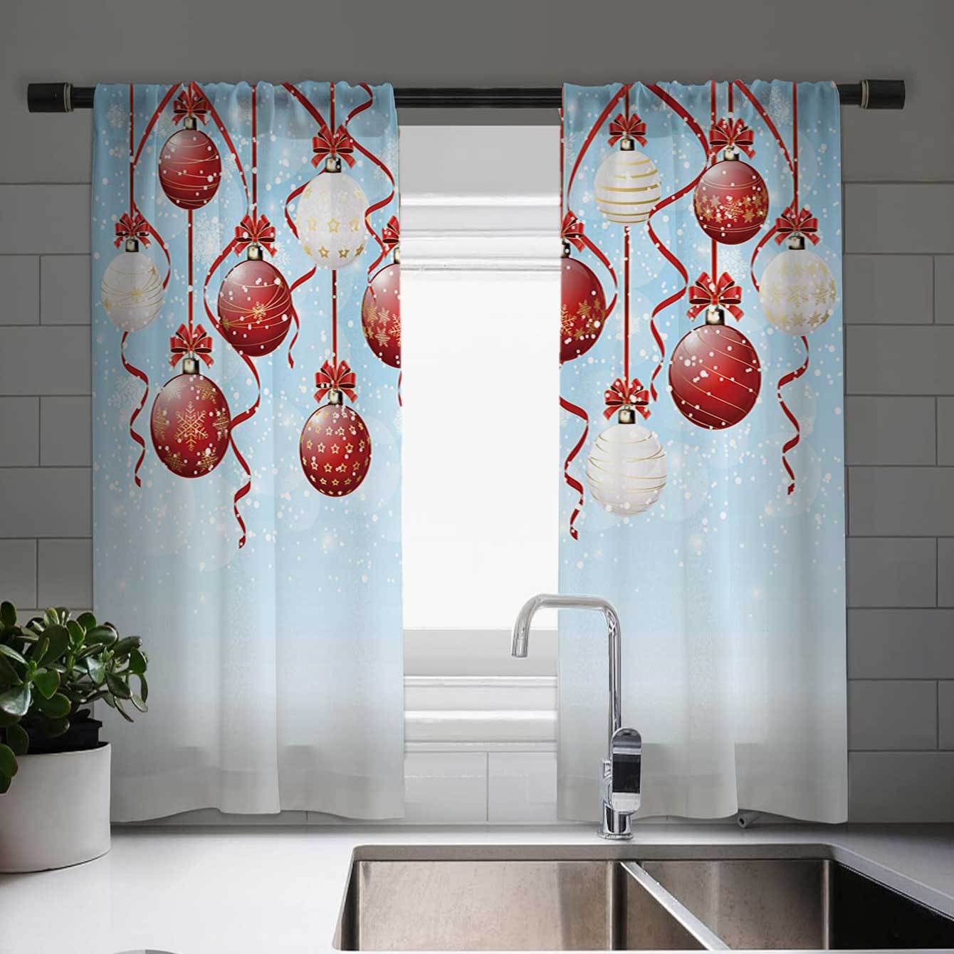 

2 шт. Рождественские шторы на окна, праздничные елочные ленты, огни, подарки, принт, полупрозрачные, тканые для кухни, гостиной, спальни (W50cmxH130cm)x2&Grommet Top