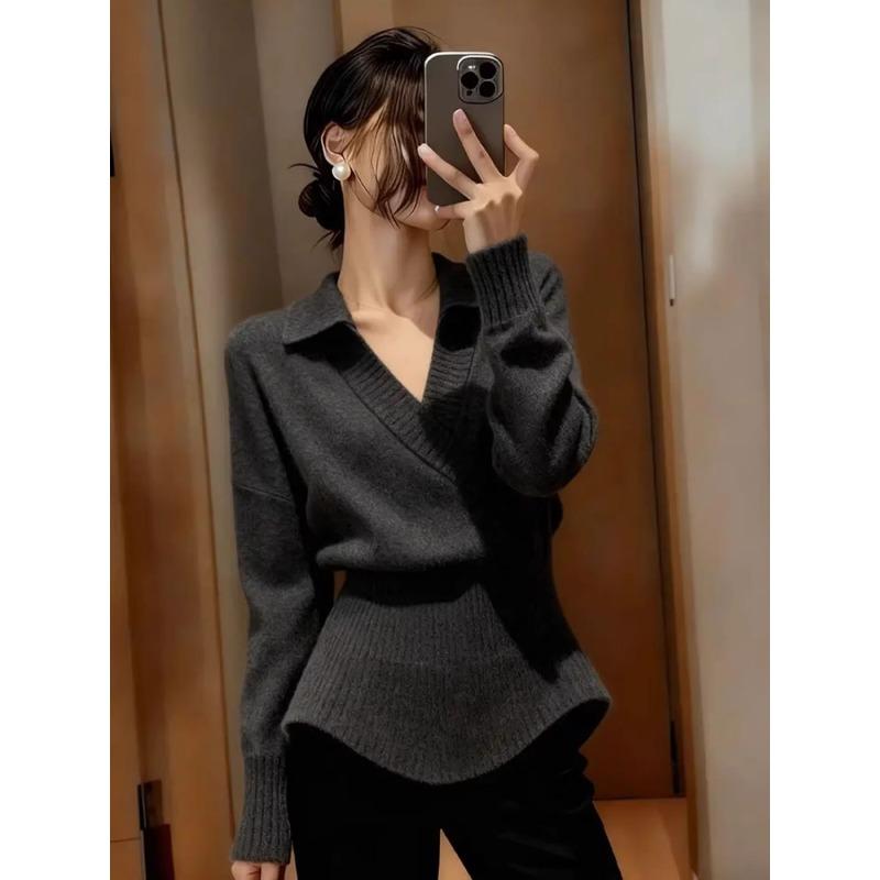 Waist V-neck Long-sleeved Sweater for Women in Autumn and Winter Light and Mature High-end Fashionable Pullover Top