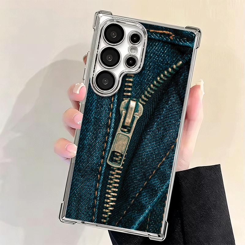 Retro Zipper Jeans Pattern Soft Phone Case For Samsung Galaxy S26 Ultra S25 Edge S24 FE S23 Plus S22 S21 + S20 Plating Anti-Fall