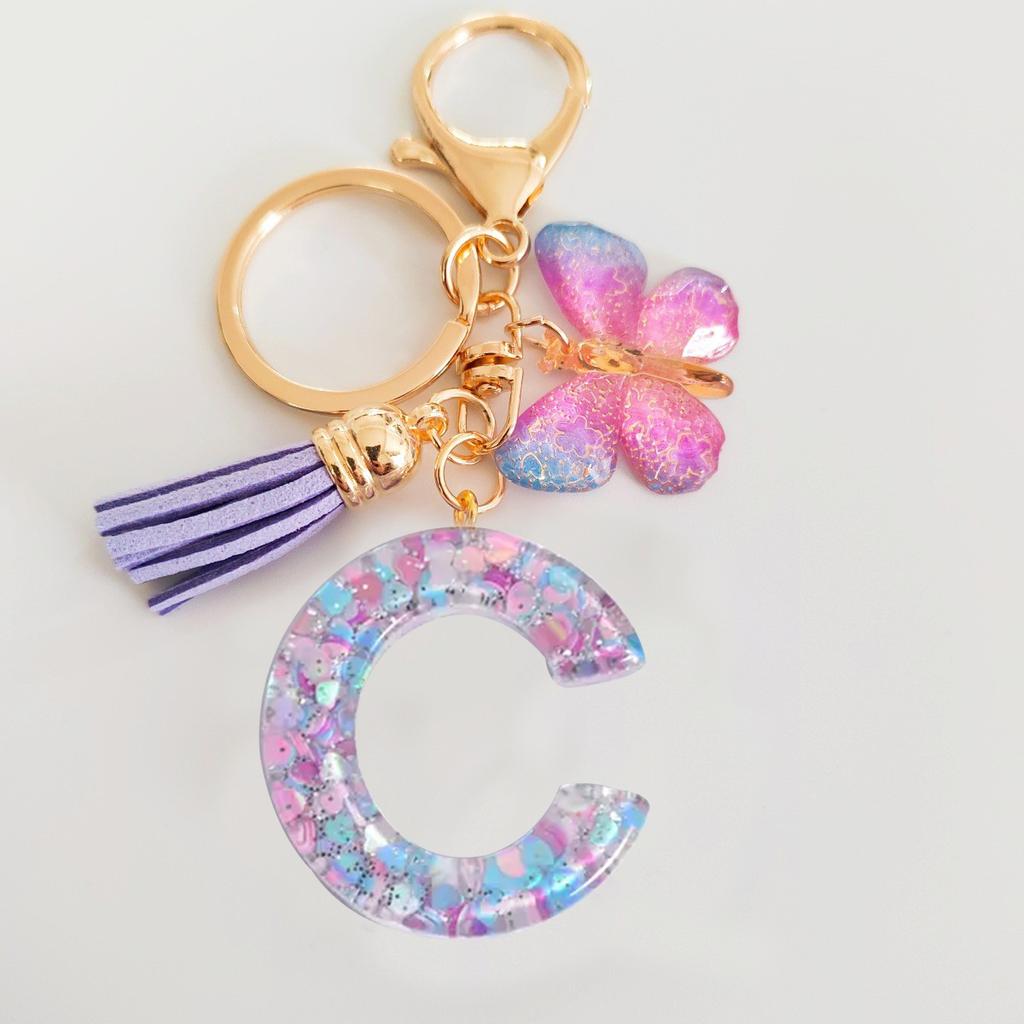 Fashion butterfly fringe initial keychain Drop glue Blend sequin A-Z26 letter keychain Cute Ladies Student Bag Accessory Gift