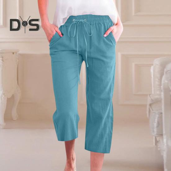 Frauen Sommer Hosen Jogginghose Einfarbig Gerade Weiche Elastische Taille Kordelzug Hosen Mittlere waden Länge Geerntete Hosen