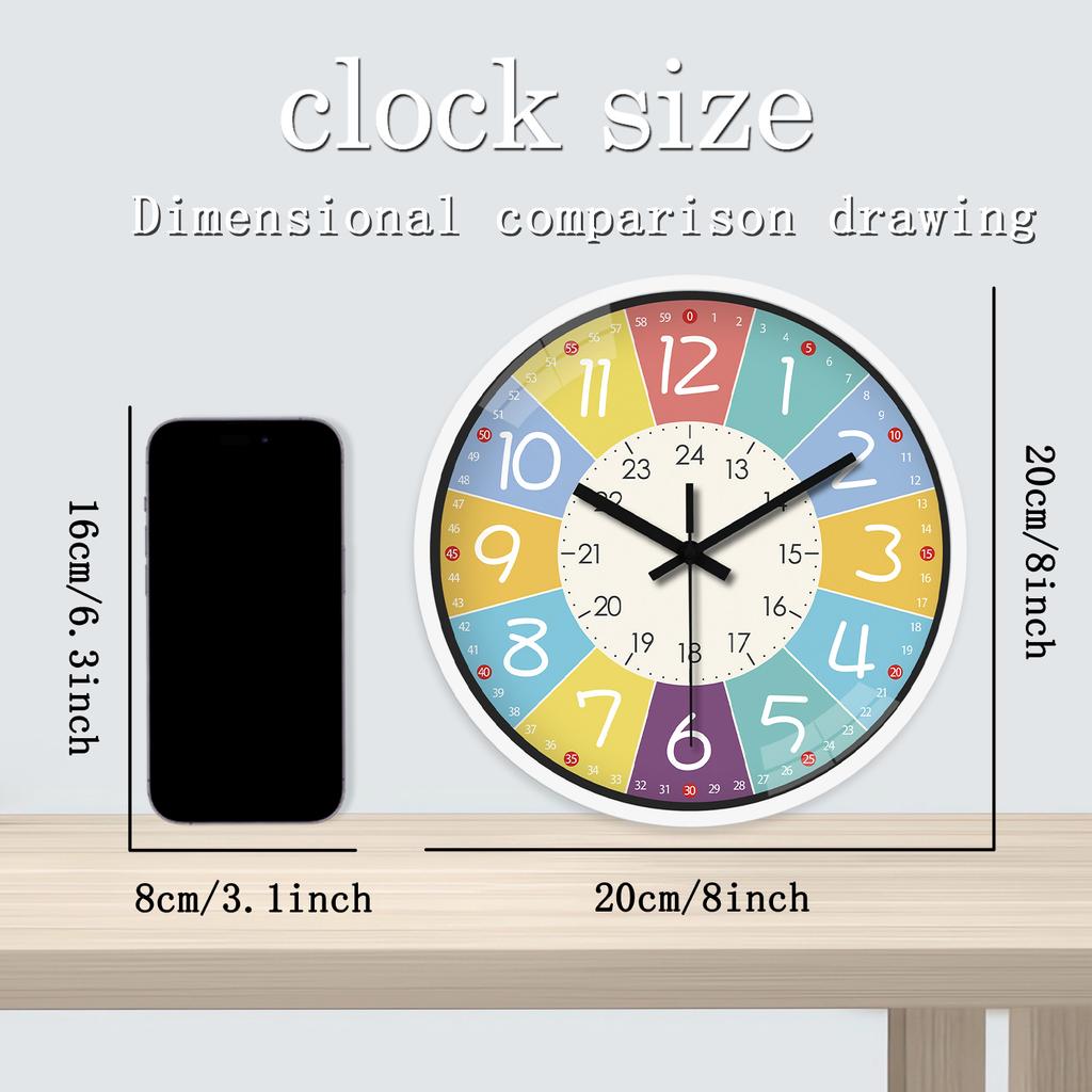 8 Inch Round Wall Clock Modern Design Silent Timepieces for Kids Sitting Room Bedroom Learning Clocks Decoration Accessories