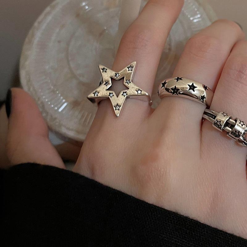 Y2K Style Crystal Pentagonal Star Ring for Women Romantic Moon Hollowed Out Star Personality Metal Finger Rings Fashion Jewelry