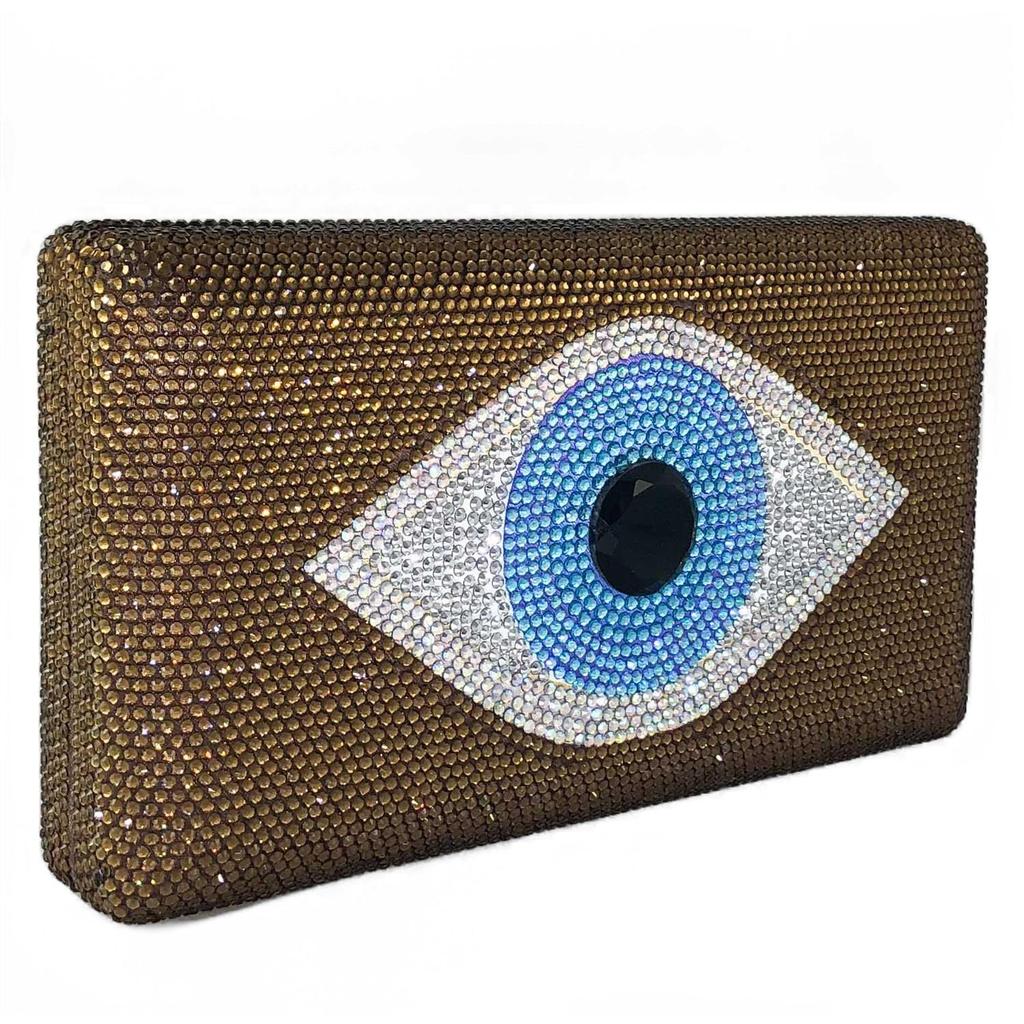 Boutique De FGG Evil Eye Women Rhinestone Evening Handbag Brown Crystal Clutch Bag Prom Party Box Metal Clutch Purse, Mini