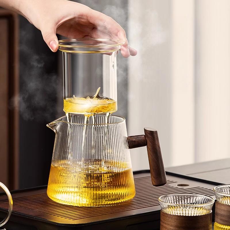 900ML Glas Teekanne Chinesisch Verbrühschutz Walnuss Holzgriff Tee Wasser Trennung Teekanne Puer Kung Fu Tee Set