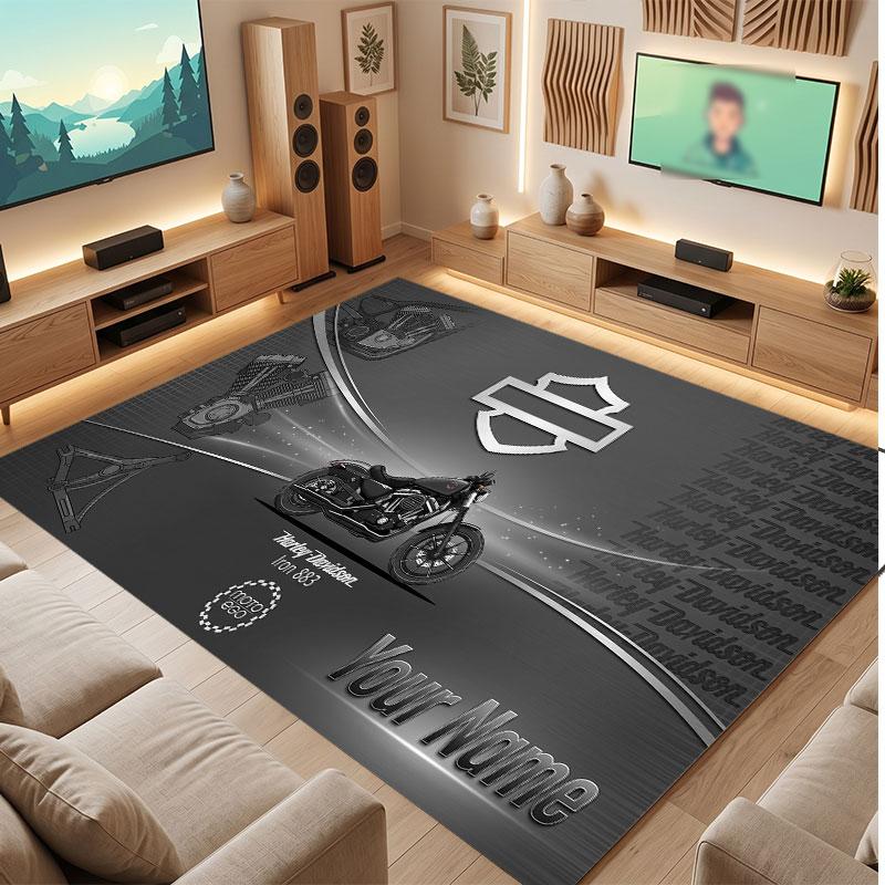 Tappeto in Velluto di Cristallo Personalizzato Harley-Davidson, Tappeto Morbido Antiscivolo con Testo Nome Personalizzato per Soggiorno Camera da Letto