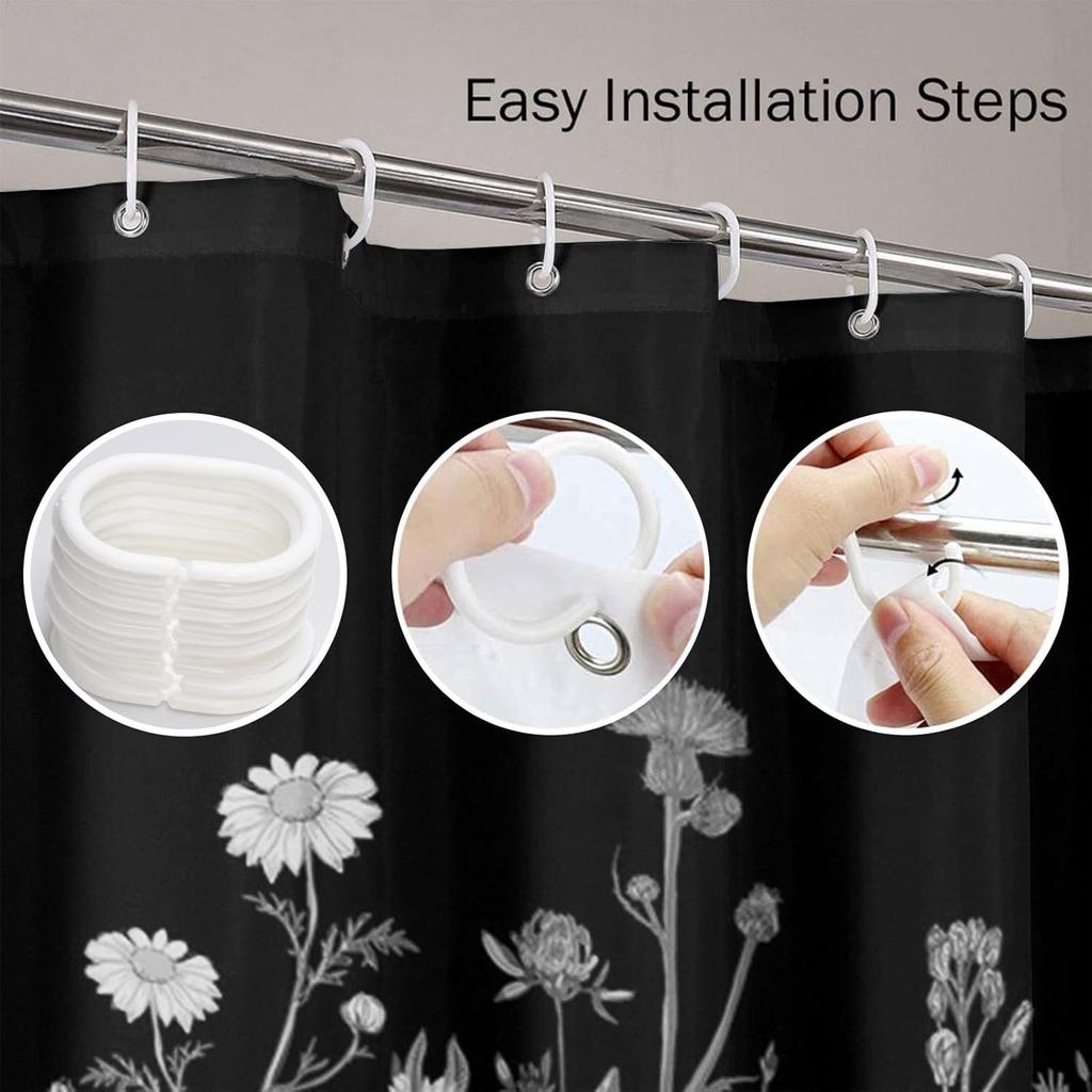 Black Floral Shower Curtain White Herbal And Wildflower Plant Vintage Waterproof Polyester Fabric Shower Curtain With Hooks