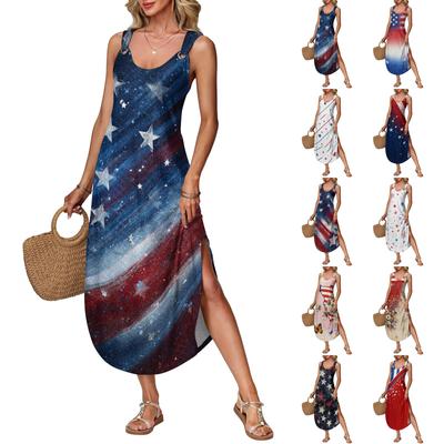 Women's Summer Long Dress Sleeveless Side Slit Long Independence Day Print Vacator Dress