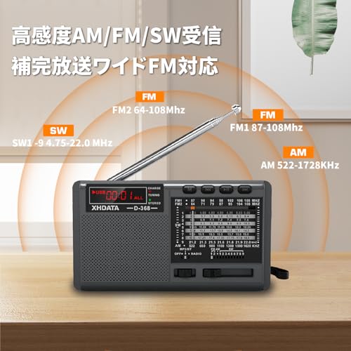 XHDATA D368 FM/AM/SW/Wide FM Compatible, High Sensitivity Reception, Compact Portable Radio, Emergency Radio, Shortwave Radio, DSP Stereo, Battery Ope