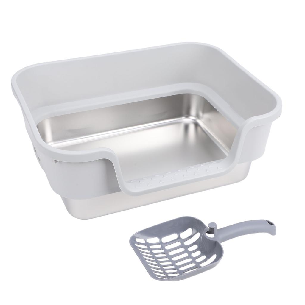 Stainless Steel Cat Litter Box Low Side Entry Litter Box High Side Spill Proof Cat Litter Box for Home Light Grey