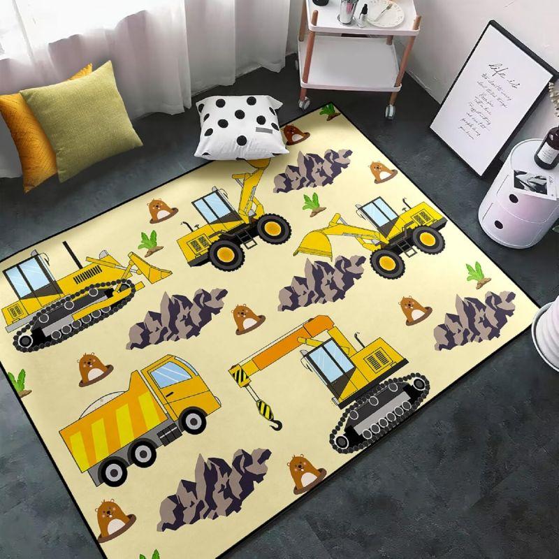 Construction Rugs for Boys Room Construction Play Non Slip Flannel Carpet for Playroom Decor Rug with Truck Tractor Print Mat