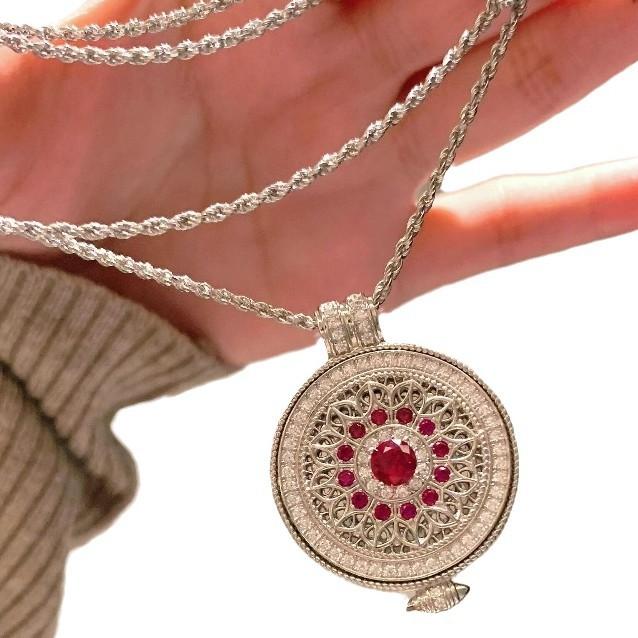 Retro Chinese Full Diamond Ruby Rose Compass Necklace National Style Two Colors Exquisite Versatile Temperament Collarbone Chain