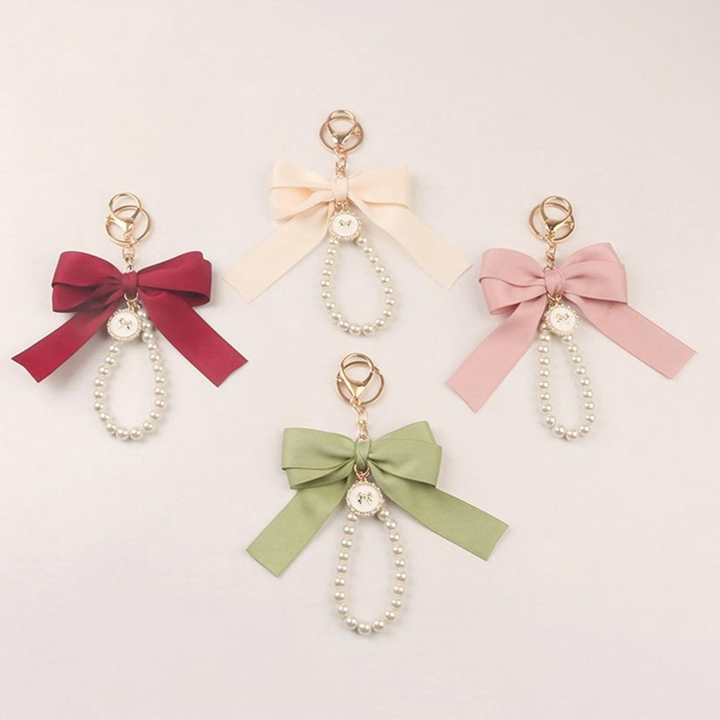 Elegant Pearl Chain Keychain with Large Ribbon Bowknot Pendant Stylish Keychain for Women and Girls Bag Decoration