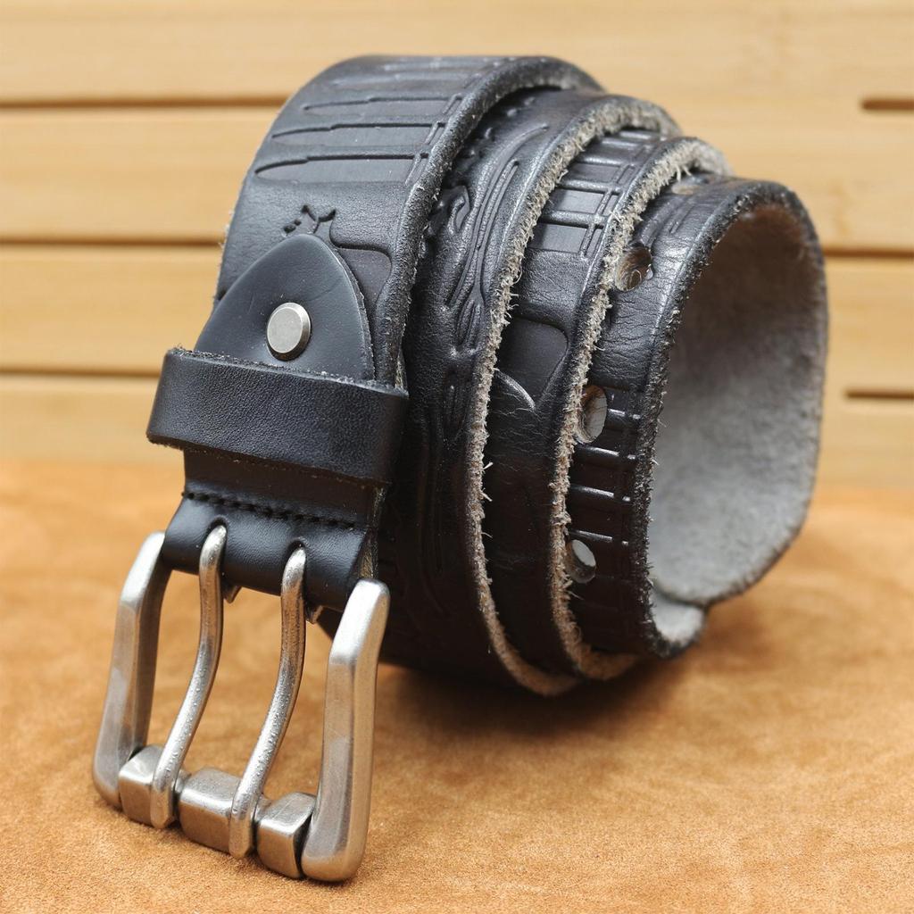 Herren Verdickter Ledergürtel mit doppelter Dornschließe - Echtes geprägtes Rindsleder, Retro Casual Stil für Jeans