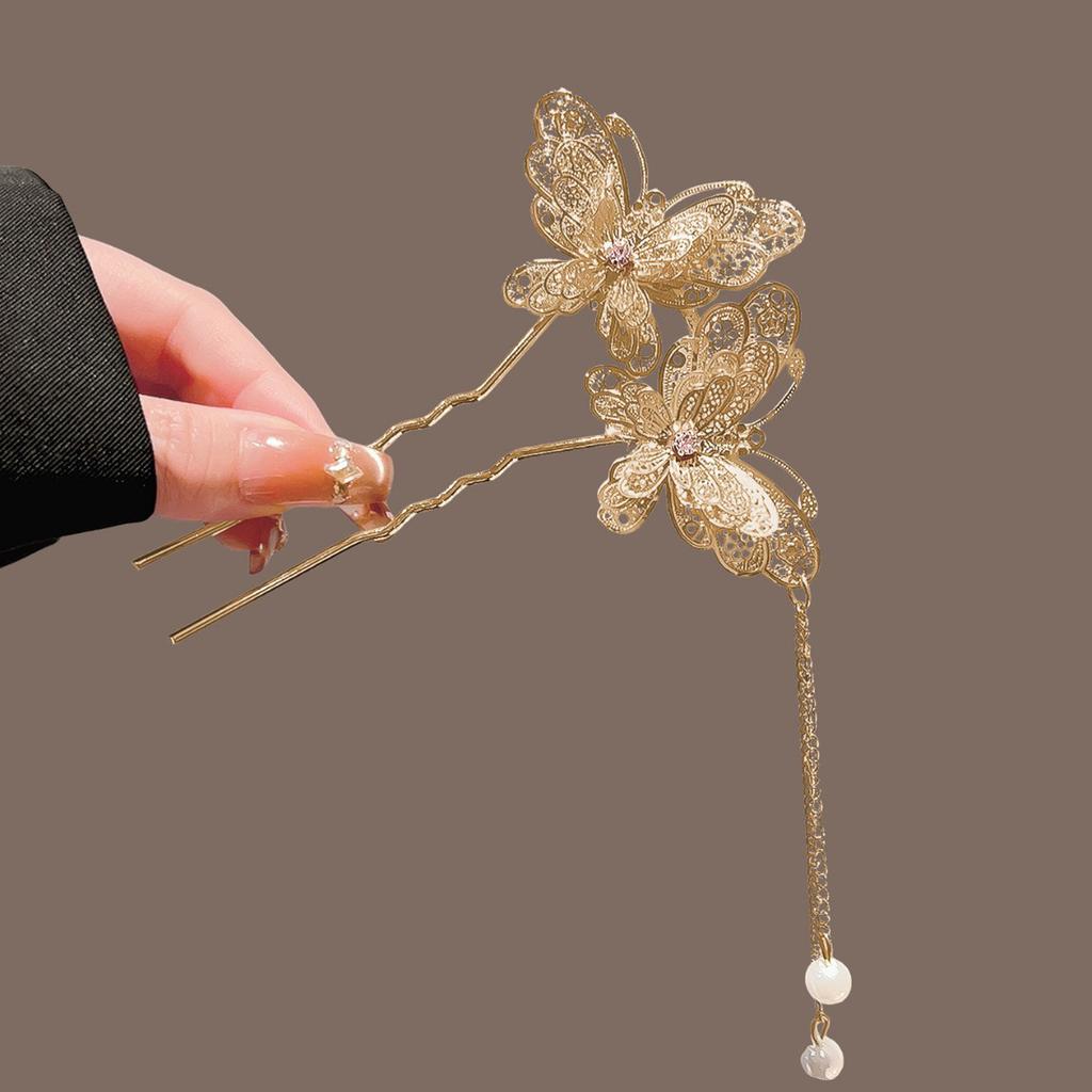 New Chinese Style Metal U-Shaped Butterfly Tassel Hair Stick For Women Elegant Simulated Pearl Hairpin Hair Accessories Gift
