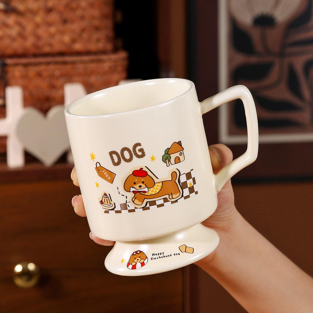 Dackel Keramik Wasserbecher Süße Tasse mit Deckel und Löffel Kreativer Jungenstil Kinder Frühstückstasse Große Kapazität