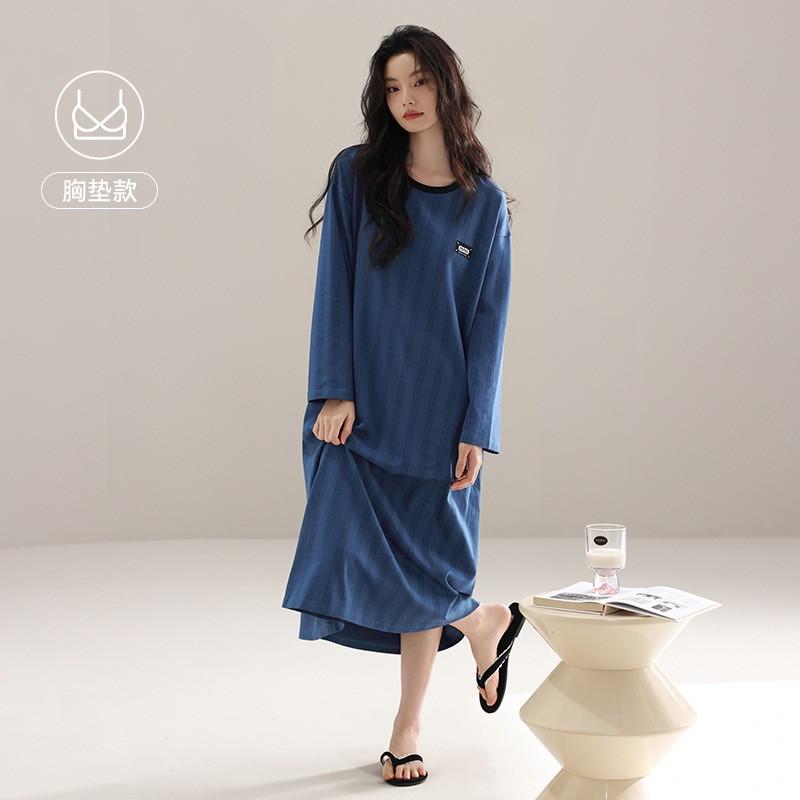 Womens Cotton Long Sleeve Nightgown With Built-in Bra Striped Sleepwear Home Dress