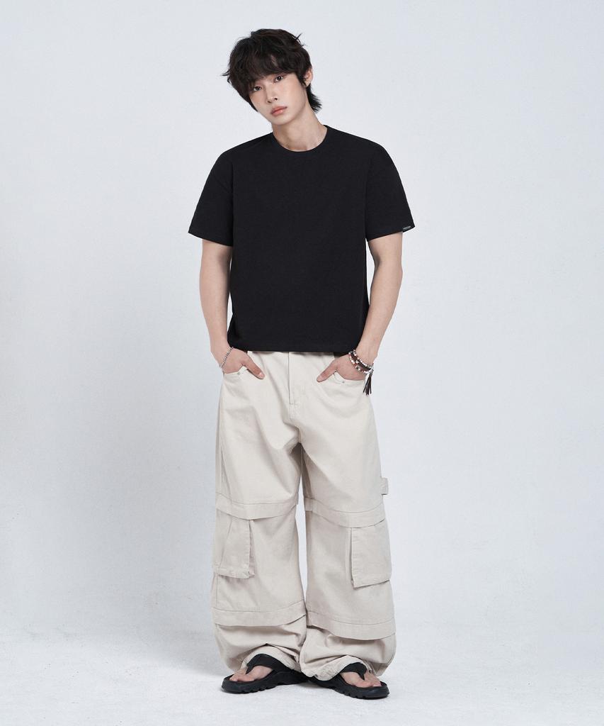 LEMAIN SECOND Crop Plain Oversized Short Sleeve T-Shirt [Black]