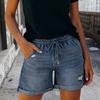 Women Summer Casual Denim Shorts Drawstring Waist Distressed Hem Loose Fit Elastic Waistband Pockets Lightweight Short Pants
