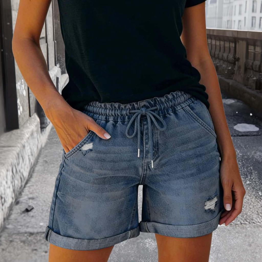 Women Summer Casual Denim Shorts Drawstring Waist Distressed Hem Loose Fit Elastic Waistband Pockets Lightweight Short Pants