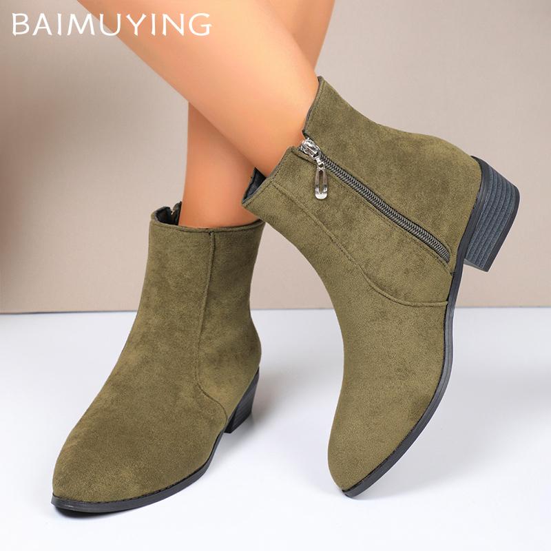 Winter Suede Women Snow Ankle Boots Pointed Toe Retro Mid Heels Shoes Designer Chunky Shoes  Trend New Brand Botas De Mujer