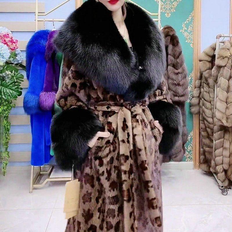 

Осенне-зимняя шуба из искусственного меха норки, женская длинная шуба, воротник из искусственного лисьего меха, большой размер, хлопковая одежда 6XL-190--119kg