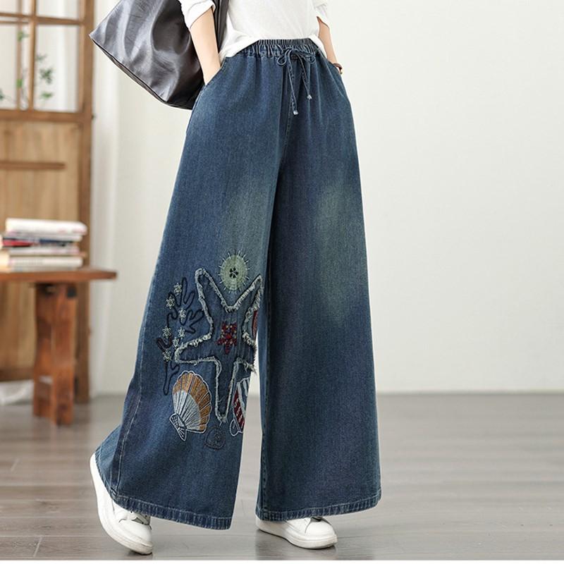 Plus Size Vintage Embroidery High Waist Casual Loose Women Spring Summer Autumn Jeans Denim Wide Leg Pants