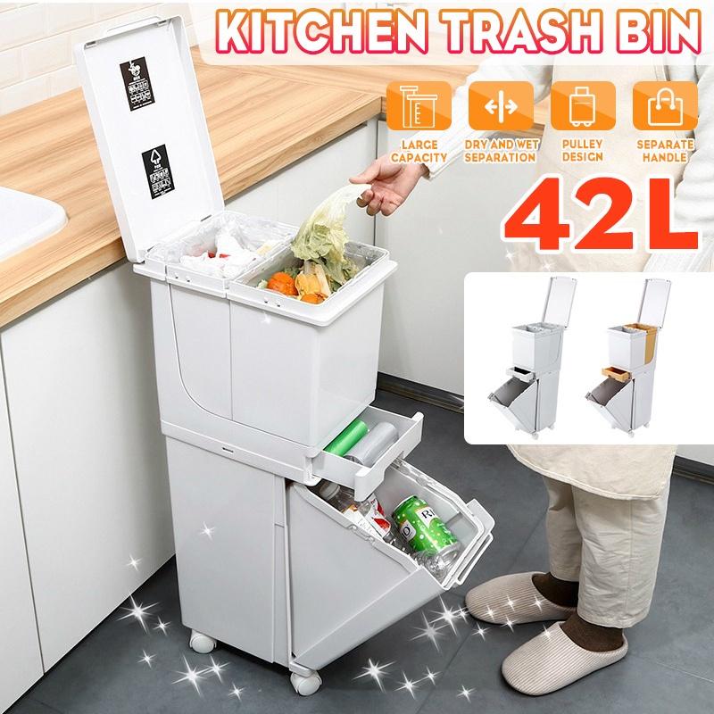 

2-слойное 42-литровое кухонное мусорное ведро для раздельного сбора мокрого и сухого мусора, передвижное, для переработки, для хранения мусора, мусорное ведро, урна для мусора, мусорный бак, ПП gray+white