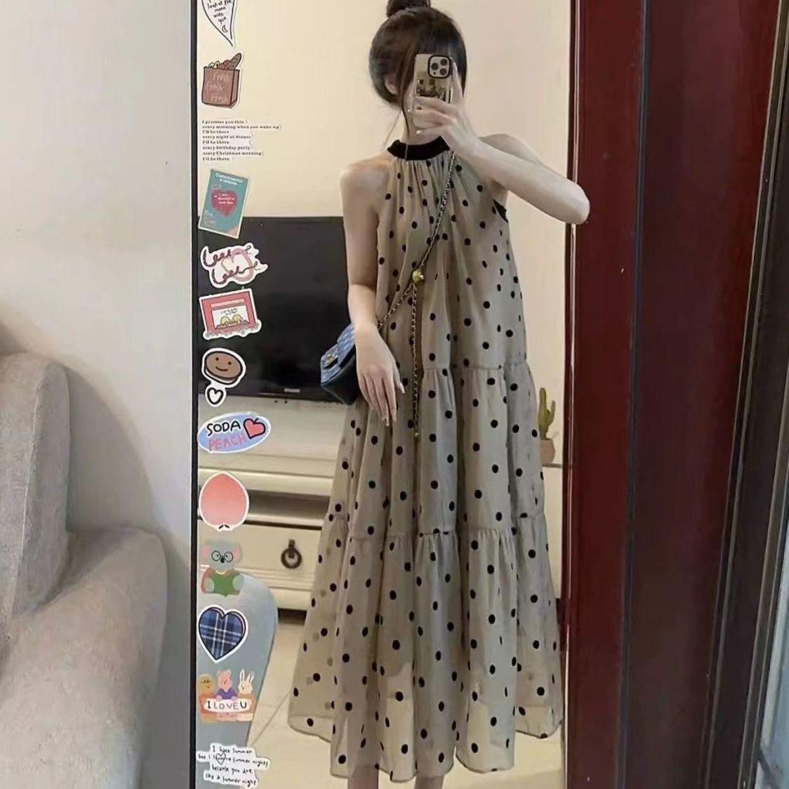 French Polka Dot Halter Neck Sleeveless Summer Maxi Dress for Women Large