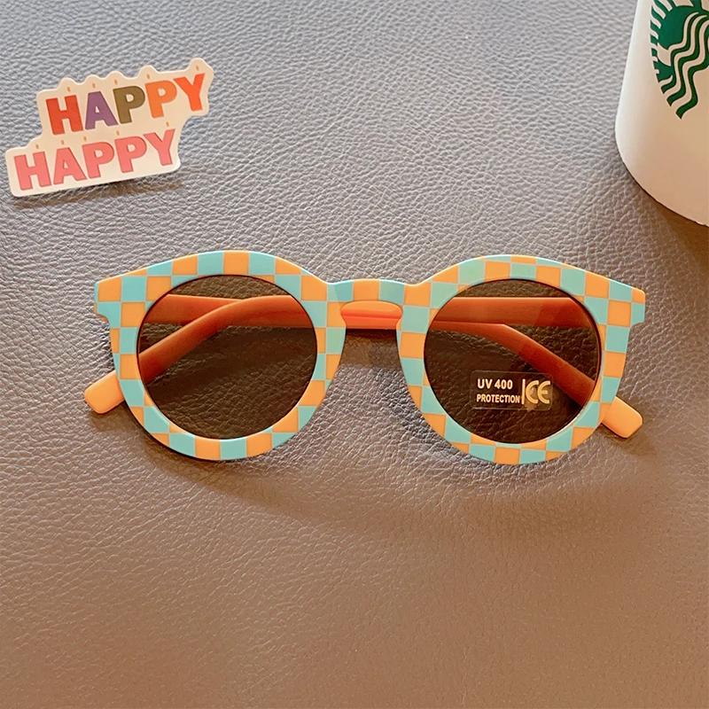 New Kids Cute Checker Panel Color Round UV400 Eyeglasses Baby Girls Outdoor Sun Protection Sunglasses Children Glasses