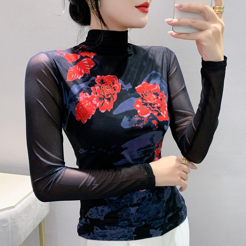 

2023 Европейский женский топ с высоким воротом из сетки с цветочным принтом - Мода осень/зима 4XL