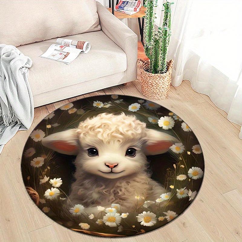Kristall-Samt Niedlicher Lamm-Print Runder Teppich - Rutschfest, Weich & Langlebiges Polyester-Teppich für Schlafzimmer, Wohnzimmer oder Nachttisch-Dekoration, Gemütlich