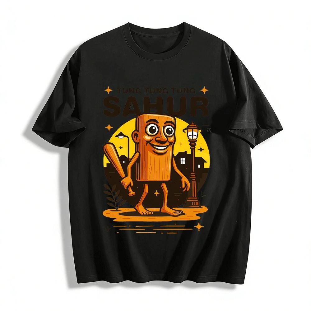 

Fun Cartoon Wooden Figure Sahur Themed Print Casual T-Shirt Pure cotton T-shirt 6XL