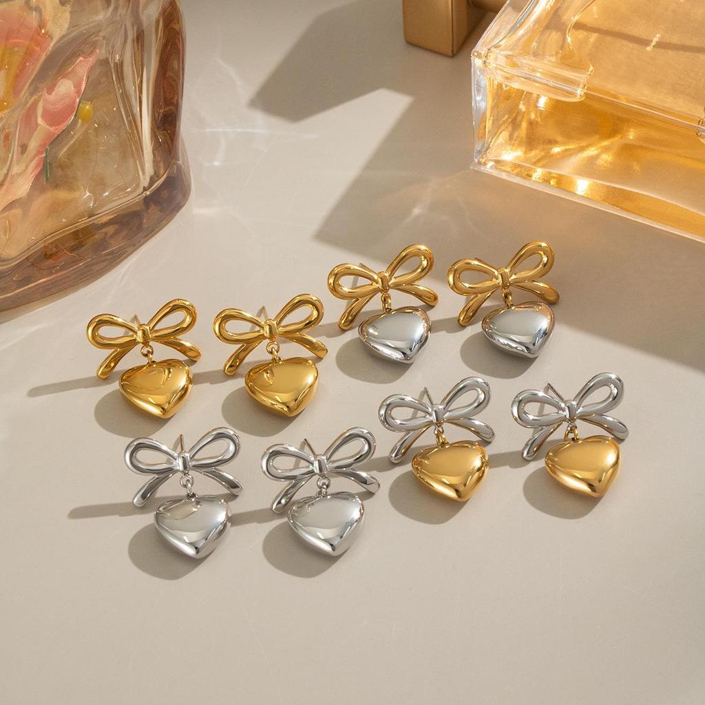Xia Ling Valentine's Day 18K Gold-Plated Heart Pendant Bow Stud Earrings - European & American Style, High-End Titanium Steel